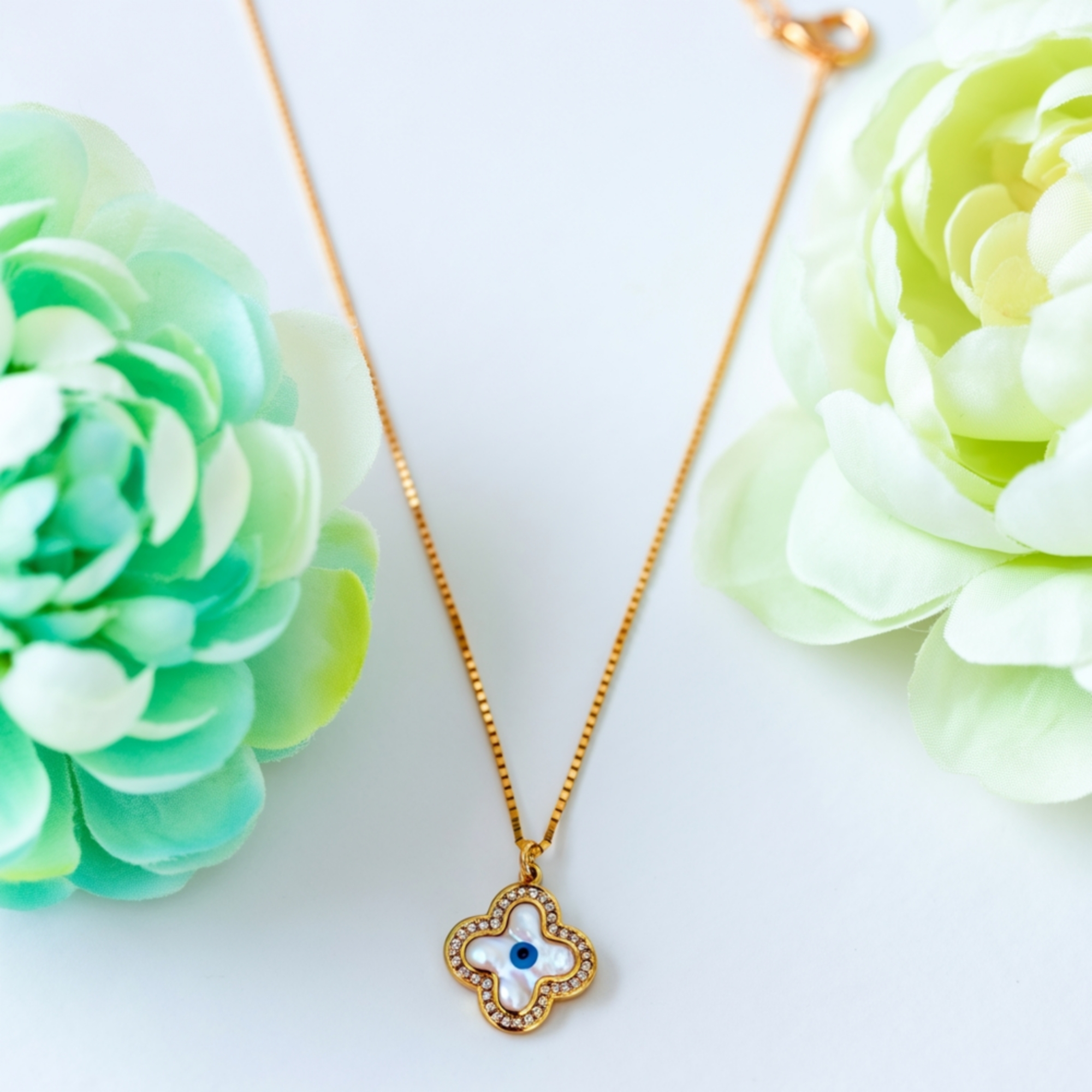 Evil Eye Anti Tarnish Pendant Necklace Set, Clover Design with Blue Center Stone